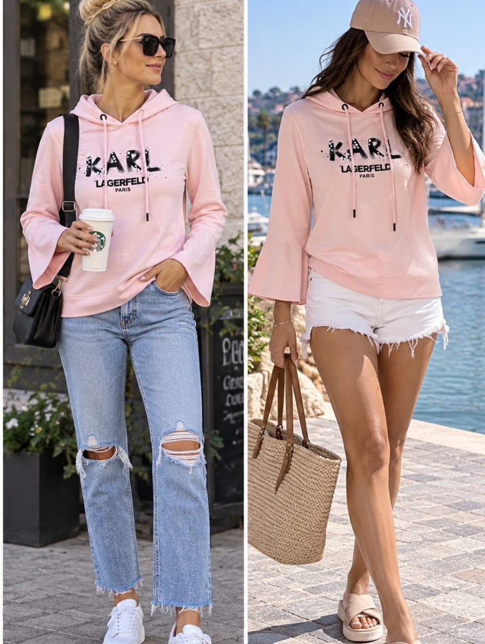 Karl Lagerfeld Light Pink Logo Hoodie with Flared Sleeves